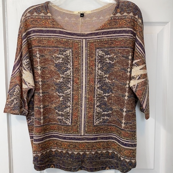 Boho bohemian top by Miami 3/4 sleeve lightweight knit shirt blouse Medium - Picture 1 of 8